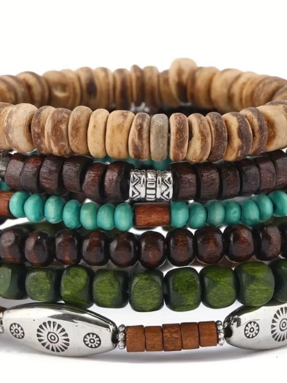 6pcs Bohemian Coconut Shell Wood Bead Bracelet Set in Turquoise, Brown & Black